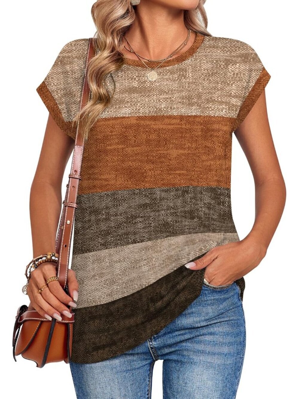 Women's Fall Weave Stripe Casual Cap Sleeves  Trendy Spring Fashion T Shirts - Picture 2 of 4